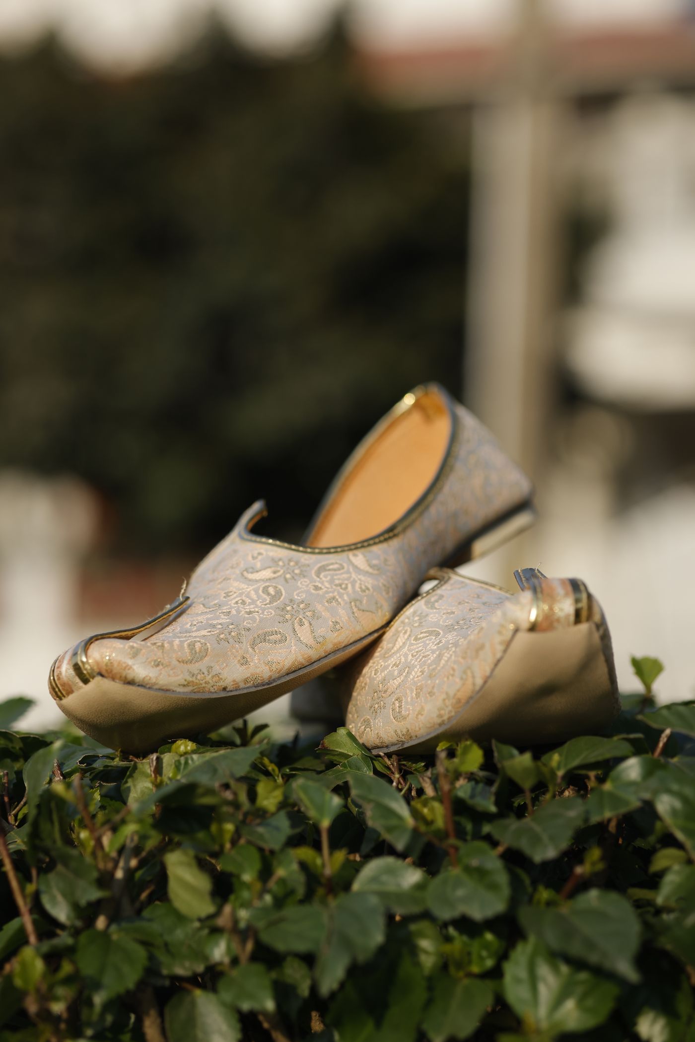Cream and gold brocade mojari for the groom