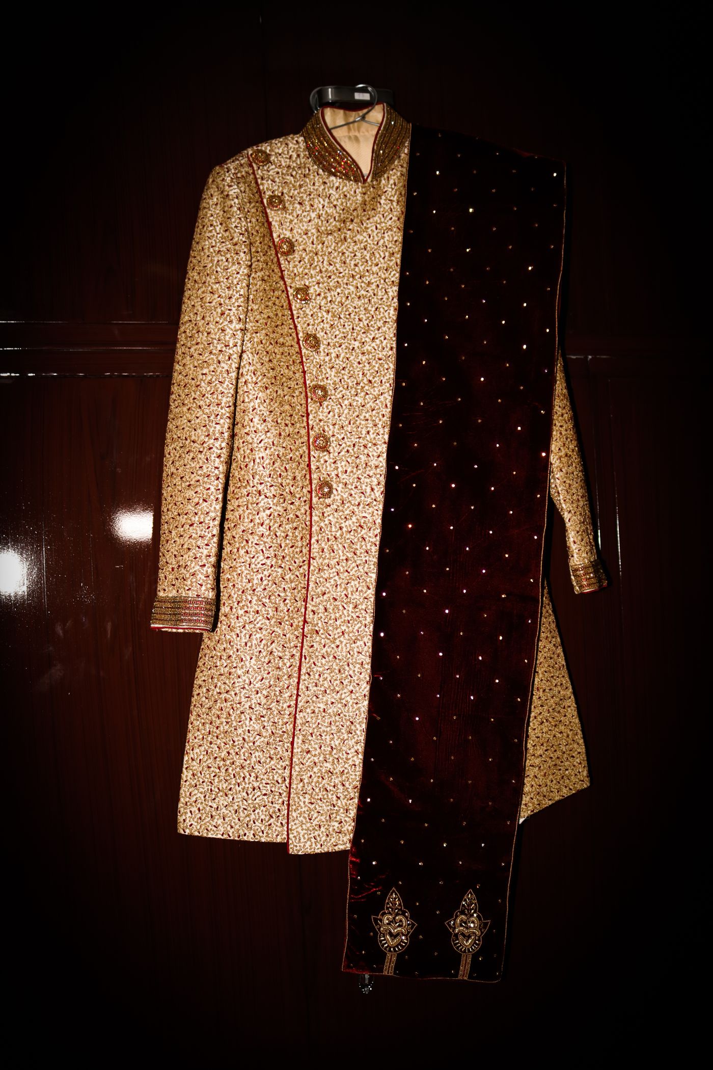 Gold zardozi embroidered sherwani with maroon velvet dupatta